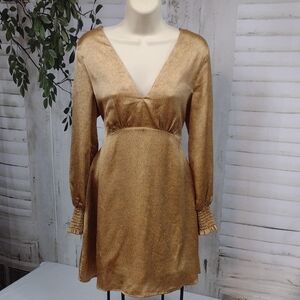 miami Satin Metallic Gold V-Neck Long Sleeve Mini Dress Size M